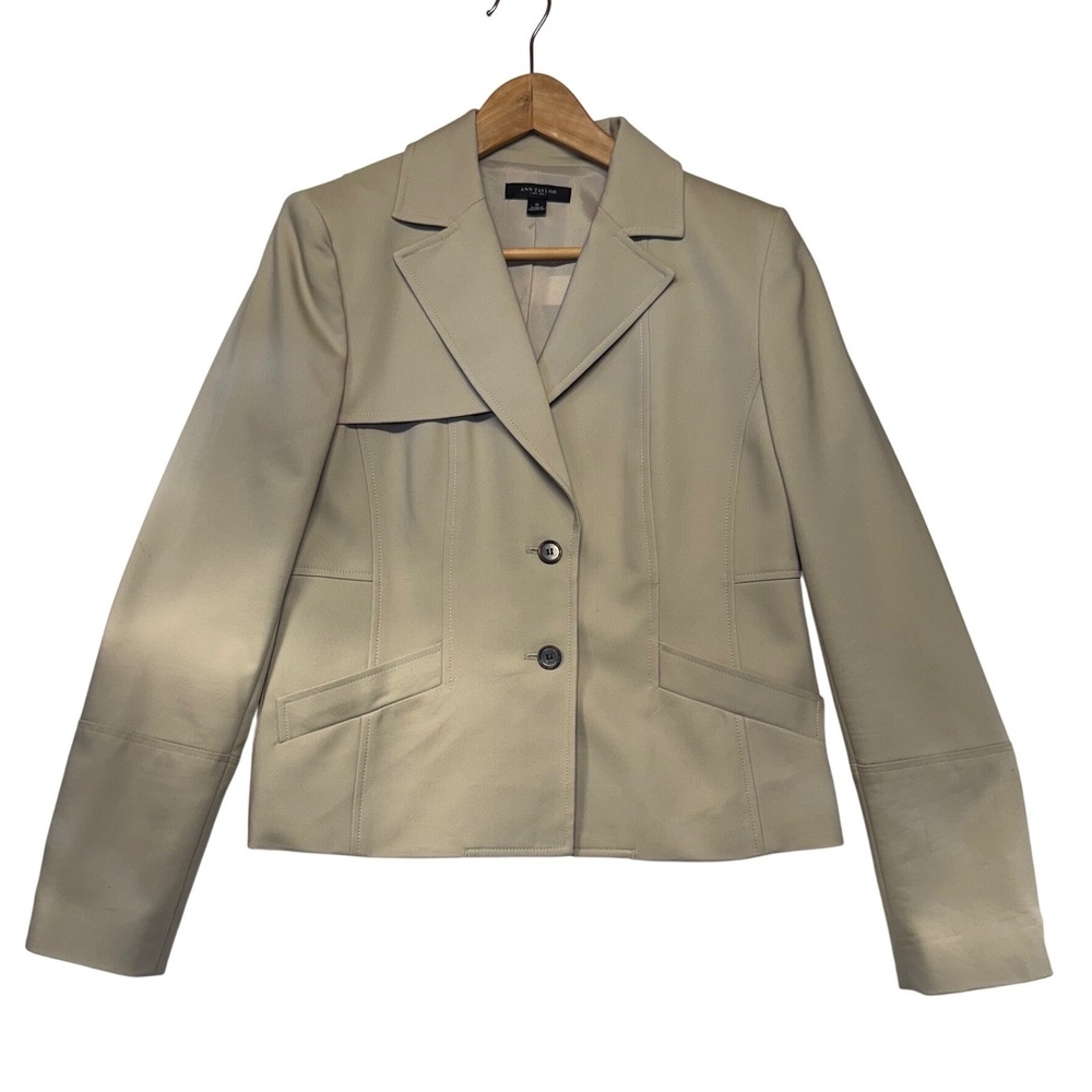 Ann Taylor Womens Beige Two Button Asymmetric Flap Blazer Jacket Size 8